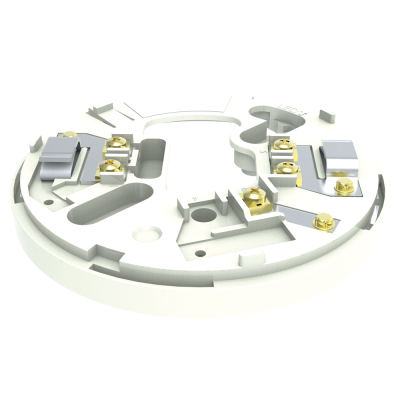 Base redonda branca com terminais metálicos dourados e cinza