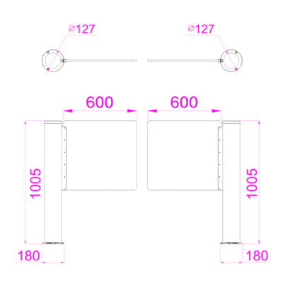 Desenho técnico com medidas de portas e suportes circulares