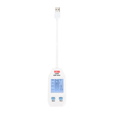 Testador USB branco com ecrã digital e dois botões azuis