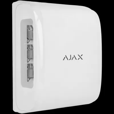 Dispositivo de rede branco com portas RJ45 e marca AJAX