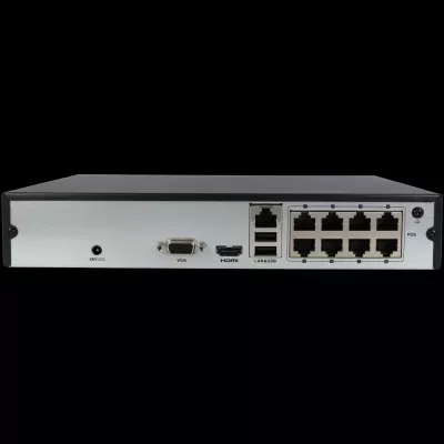 Parte traseira de dispositivo eletrónico com portas VGA, HDMI, USB, LAN e 8 portas Ethernet POE.