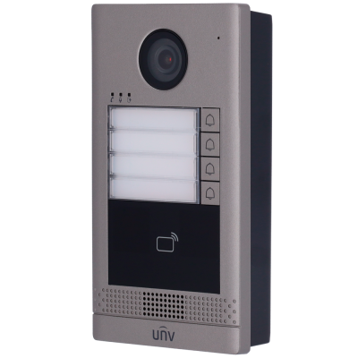 Campainha de vídeo metal cinza com câmara, botões e símbolo de acesso