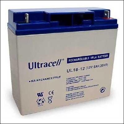 Bateria recarregável Ultracell UL18-12 com tampa azul e corpo cinza