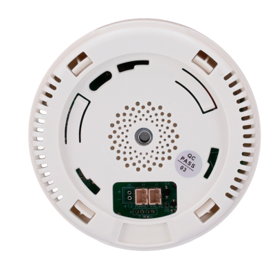 Base redonda branca de plástico com orifícios e componentes eletrónicos visíveis