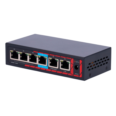 Switch de rede preto com seis portas Ethernet
