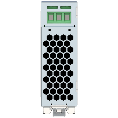 Fonte de alimentação metálica com ventilação hexagonal e conector verde