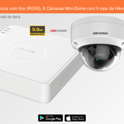 Sistema de videovigilância com gravador e câmara Mini-Dome brancos com texto HIKVISION e informações do produto.