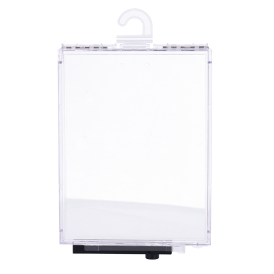 Caixa de plástico transparente com gancho e base preta