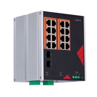 Switch de rede Safire cinza e preto com 16 portas Ethernet e duas portas SFP
