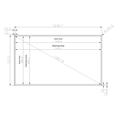Desenho técnico de retângulo com medidas e áreas designadas.