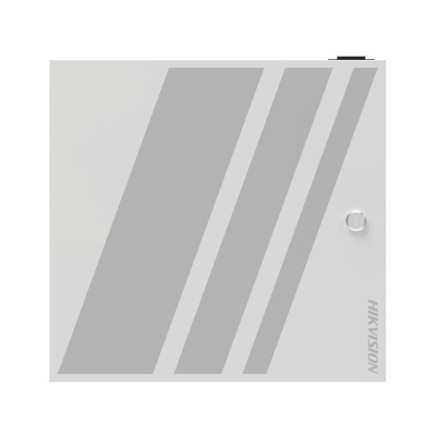 Painel metálico branco com faixas cinzentas e fechadura, texto HIKVISION