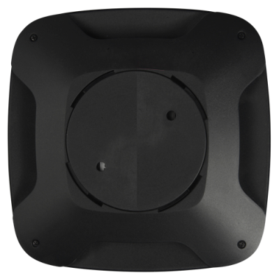 Dispositivo quadrado preto com parte circular central e pequenos recortes