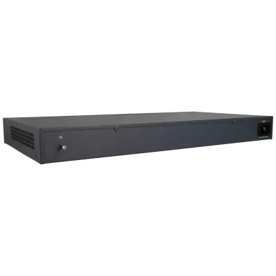 Equipamento eletrónico retangular cinza escuro com tomada e botão.
