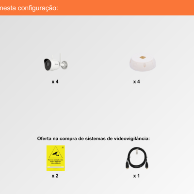 Componentes de sistema de videovigilância incluindo dispositivo, câmaras, bases, rato, sinalizações e cabos