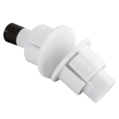 Componente plástico branco com tampa preta e encaixes