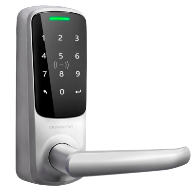 Fechadura eletrónica de porta com teclado numérico tátil preto e corpo metálico prateado