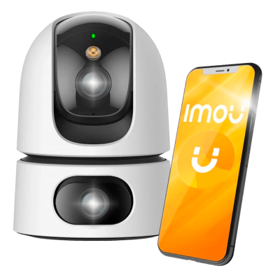 Câmara de segurança branca e smartphone com ecrã laranja e texto imou