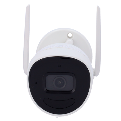 Câmara de segurança branca com lente preta e duas antenas verticais