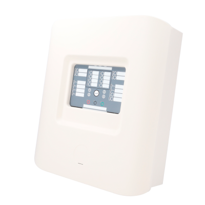 Equipamento elétrico branco com painel cinzento e indicadores coloridos