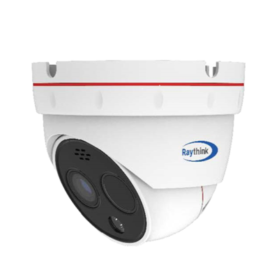 Câmara de segurança dome branca com detalhes pretos e logotipo Raythink