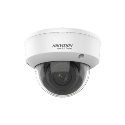 Câmara de segurança dome branca com lente visível e texto HIKVISION HiWatch Series
