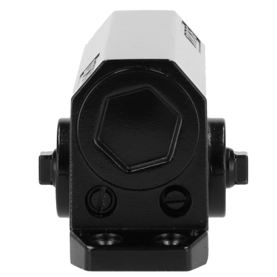 Produto electrónico metálico branco e preto com parafusos e tampa hexagonal