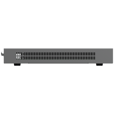 Aparelho eletrônico cinzento com ventilação lateral e botão metálico