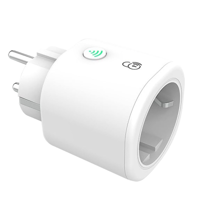 Tomada inteligente branca com botão e ícones