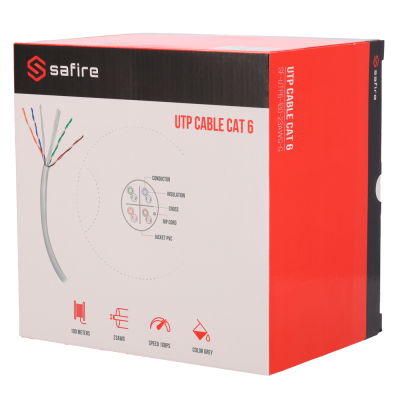Caixa de cabo de rede Safire UTP CAT 6, branco e vermelho com desenho de cabo