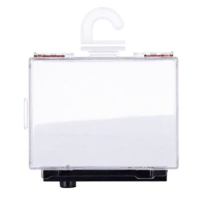 caixa de plástico transparente com gancho branco e base preta