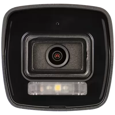 Câmara de segurança quadrada preta com lente circular e luz LED