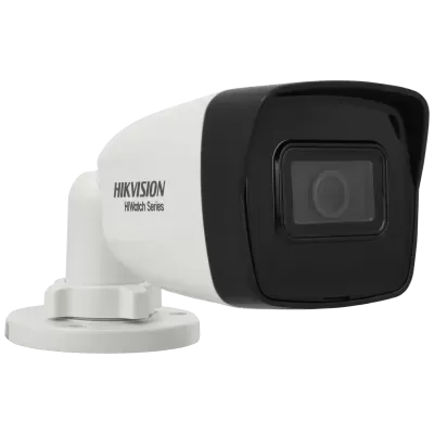 Câmara de segurança HIKVISION HiWatch Series branca e preta com suporte de montagem