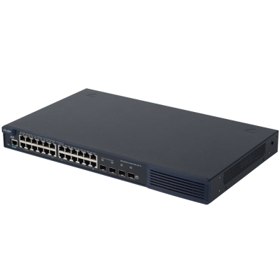 Comutador de rede preto Ruijie RG-EG3200-24GT4XS-P com 24 portas Ethernet e 4 portas SFP+