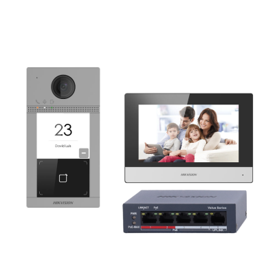 Conjunto de vídeo porteiro Hikvision com câmara, monitor e dispositivo de rede
