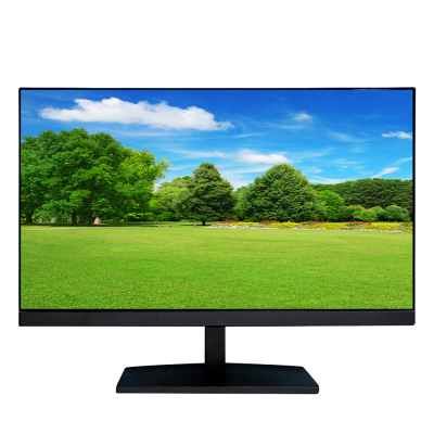 Monitor de ecrã plano preto a mostrar paisagem verde com árvores e céu azul