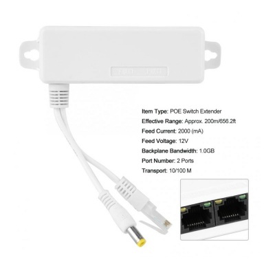 Extensor POE Switch branco com dois cabos e especificações técnicas