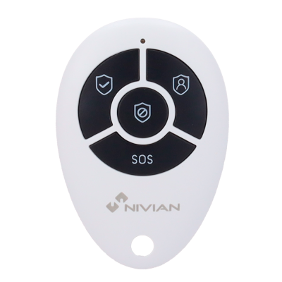 Comando remoto branco e preto com botão SOS e símbolo de escudo da marca NIVIAN