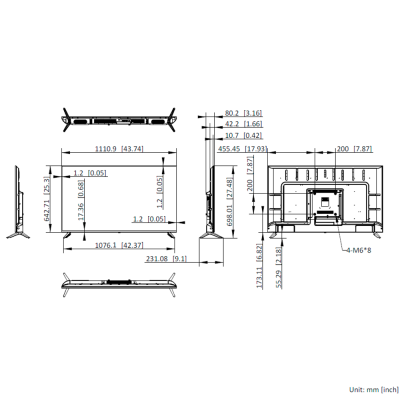 Desenho técnico de uma televisão com dimensões e suportes