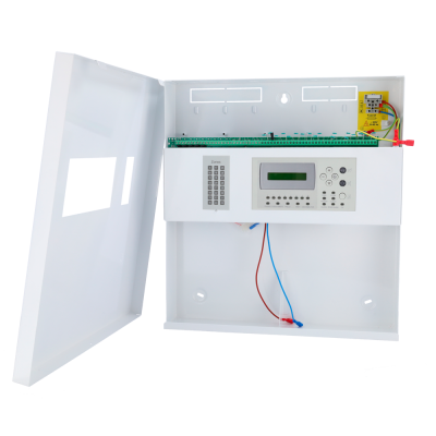 Painel de controlo de alarme de segurança branco aberto com display digital e fios