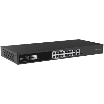 Switch PoE preto com 16 portas Ethernet, dois conectores SFP e LEDs indicadores