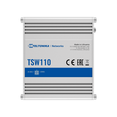 Dispositivo Teltonika Networks TSW110 cinza com texto e símbolos na frente