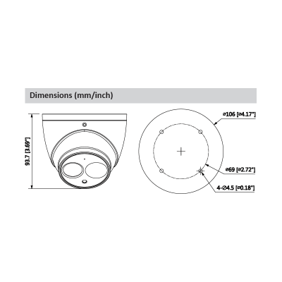 Câmara de vigilância em cúpula com dimensões técnicas em milímetros e polegadas