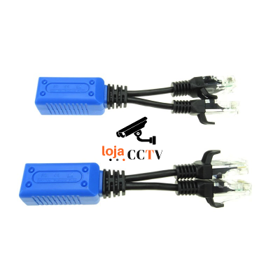 Dois adaptadores azuis com conectores RJ45 em fundo branco e logo loja CCTV