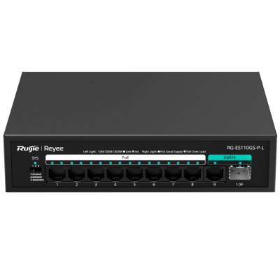 Switch de rede Ruijie Reyee RG-ES110GS-P-L preto com 8 portas Ethernet e 1 porta Uplink