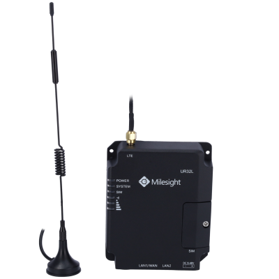 Dispositivo preto Milesight UR32L com antena preta destacada