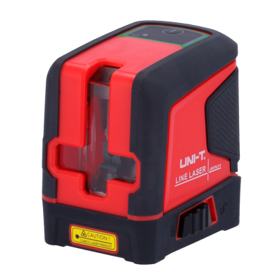 Nível laser vermelho e preto UNI-T LINE LASER com etiqueta de aviso