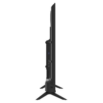 Televisor preto visto de lado com suporte em forma de V e várias portas de conexão