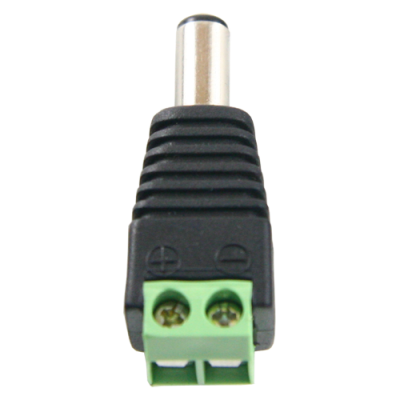 Conector DC macho preto com terminal verde parafusado