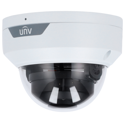 Câmara de segurança domo branca e preta com logotipo UNV