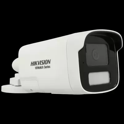 Câmara de vigilância Hikvision branca com lente preta e base de montagem